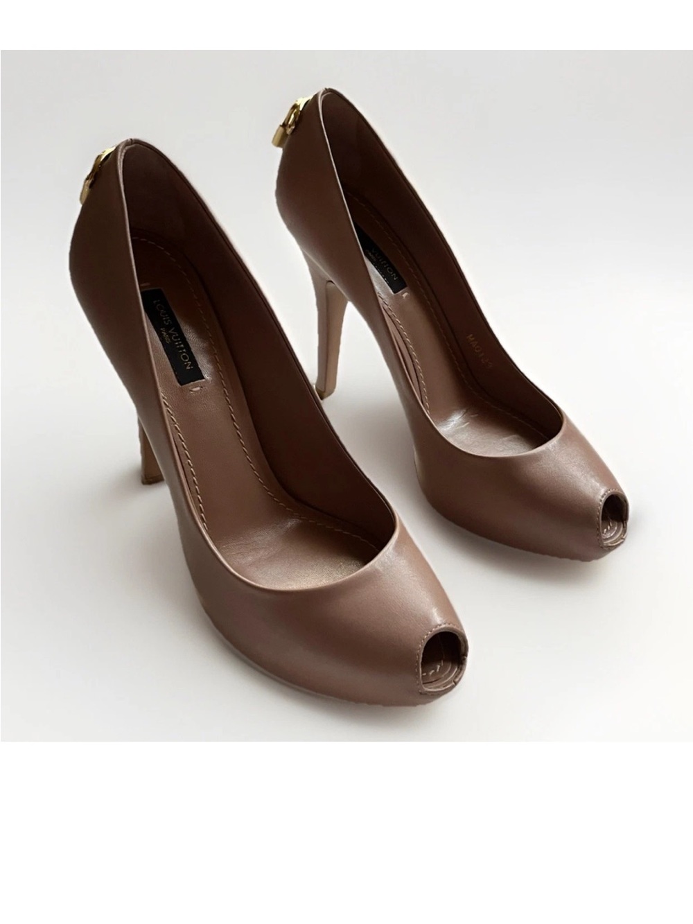 Louis Vuitton Nude Leather Gold Tone Monogram Lock Peep Toe Platform Pumps EU 37